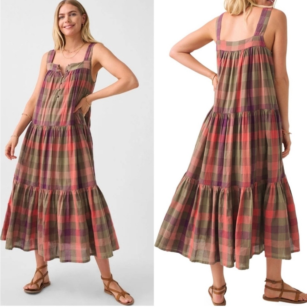 Faherty Marina Desert Plaid Tiered Maxi Boho 100% Organic Cotton Dress Sz Medium